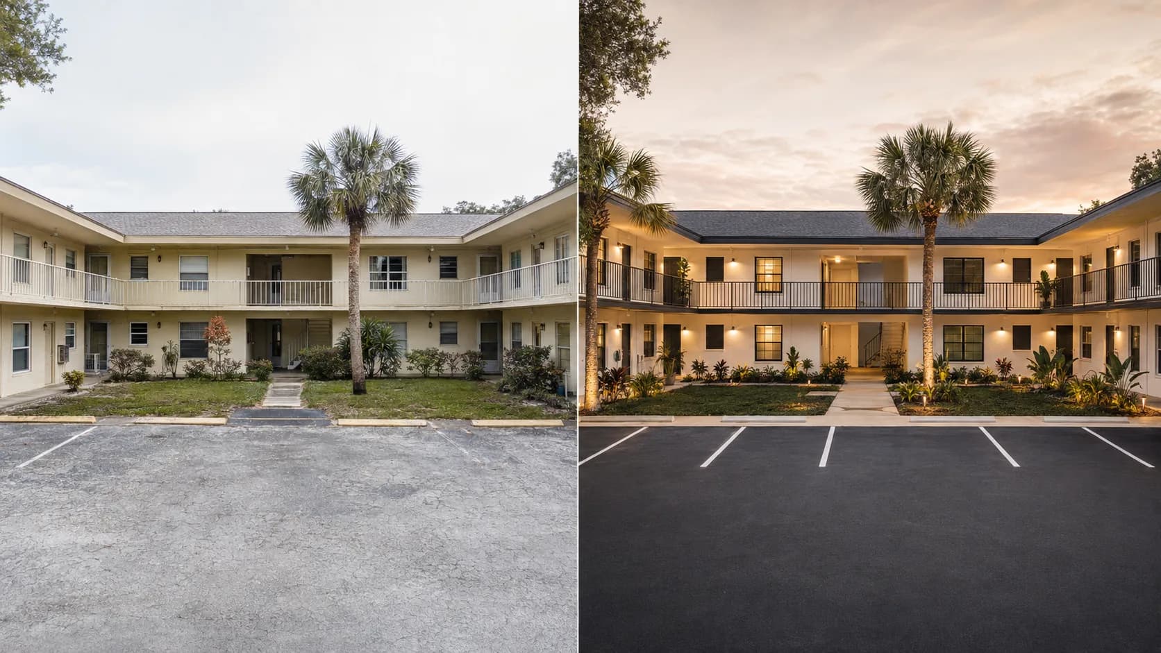 Before-and-after view of a renovated two-story South Florida multifamily apartment property